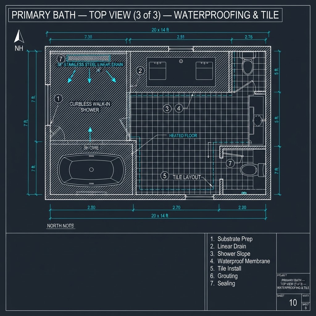 Primary Bath — Top View (3 of 3) — Waterproofing & Tile