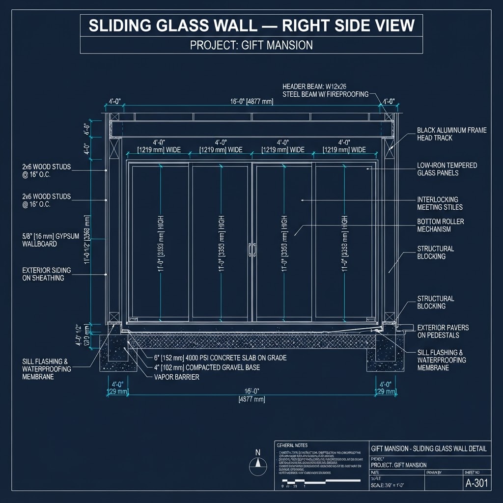 Sliding Glass Wall — Right Side View