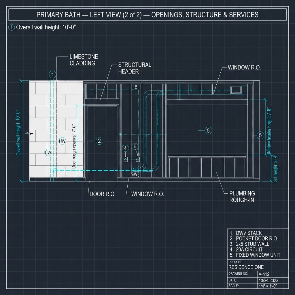 Primary Bath — Left Side View (2 of 2) — Openings, Structure & Services