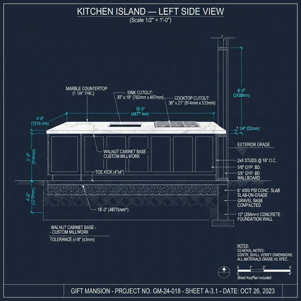 Kitchen Island — Left Side View