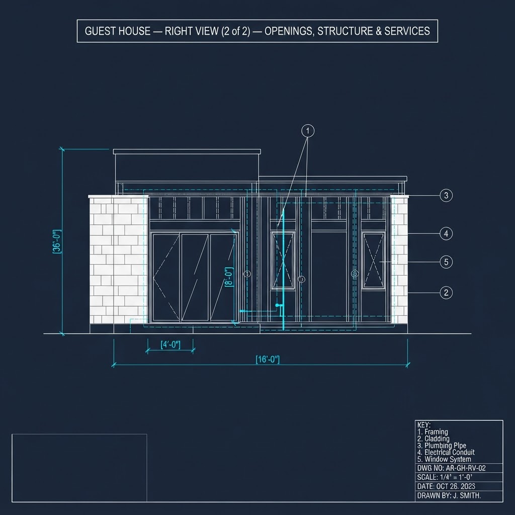 Guest House — Right Side View (2 of 2) — Openings, Structure & Services