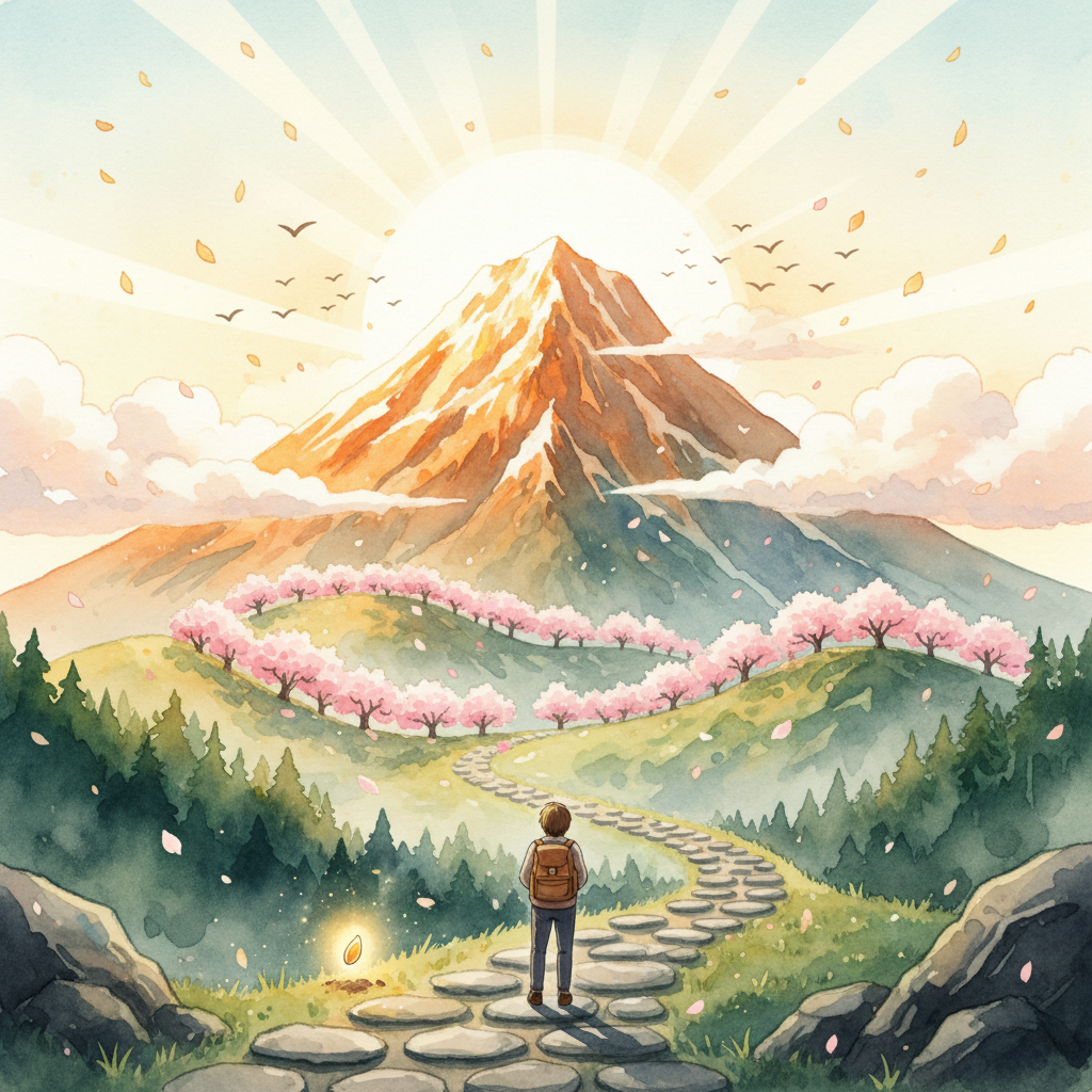 A lone traveler at the start of a stone path at sunrise, beside a glowing golden seed, winding toward a majestic mountain with cherry blossoms, clouds, and golden light breaking through the summit