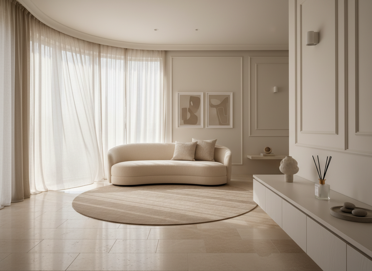 Designer interior with warm daylight, linen and oak details