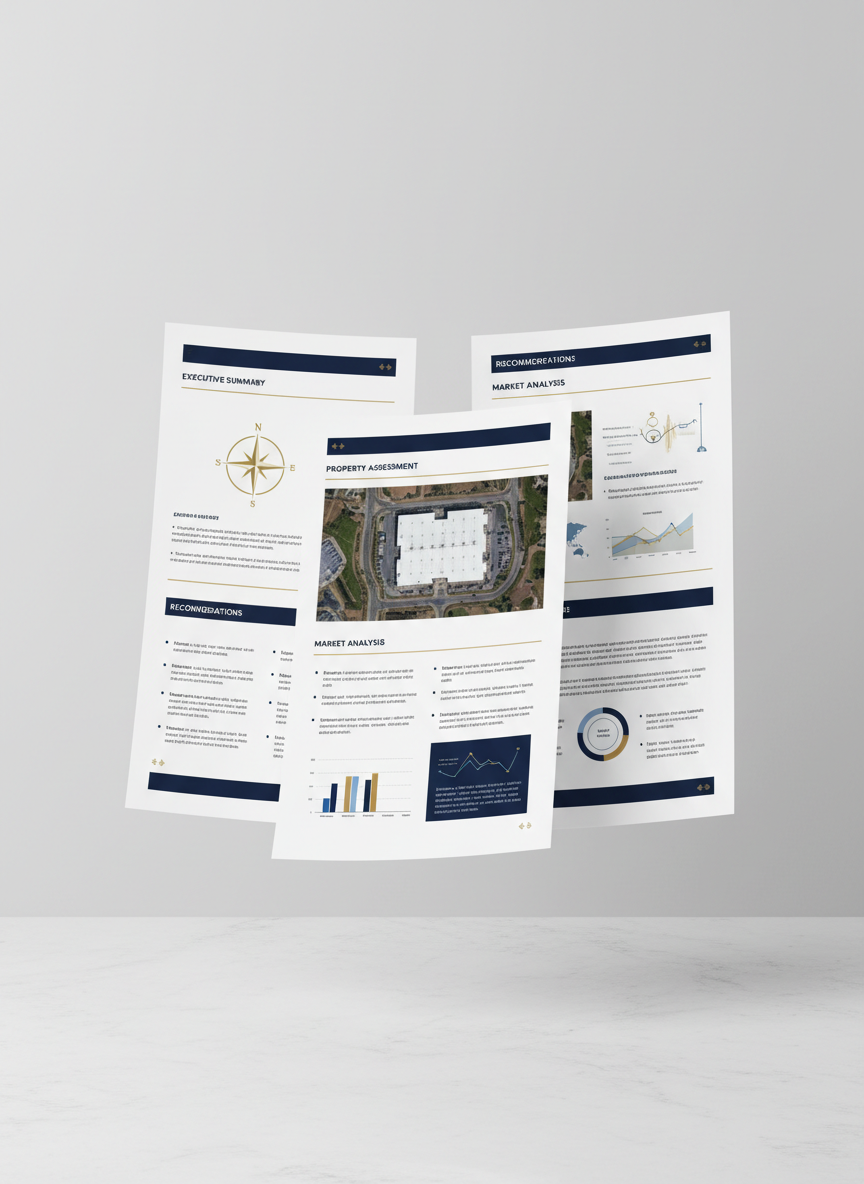 Property Intelligence Summary Report preview showing organized sections with aerial images and observations