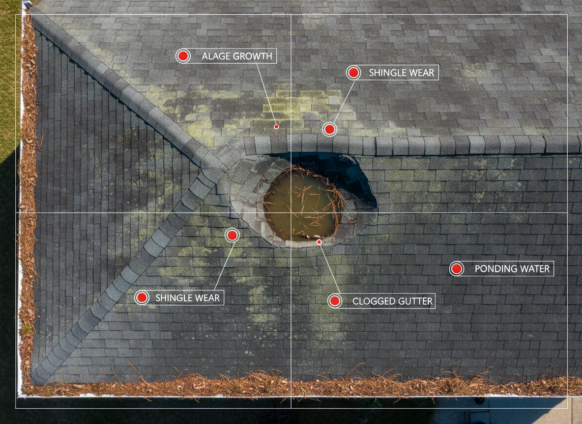 Close-up aerial view showing roof maintenance concerns