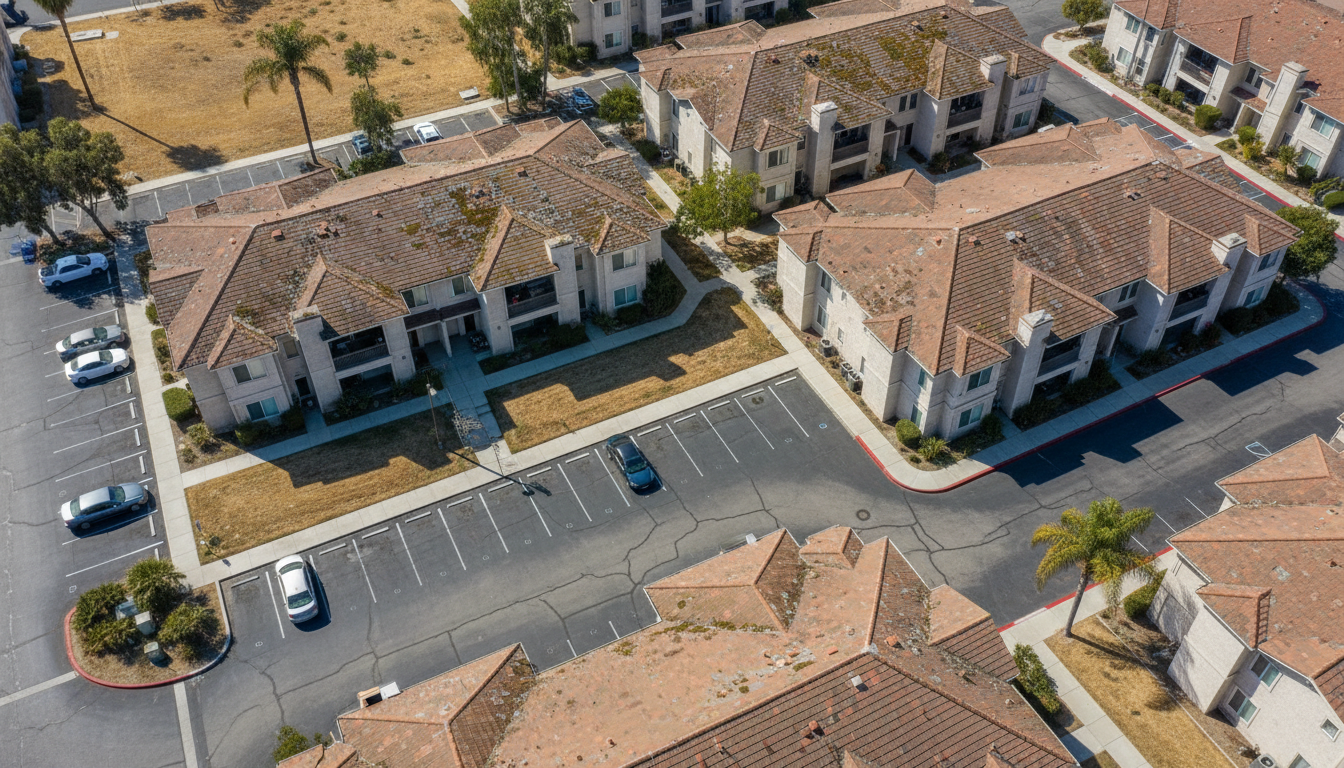 Aerial view of residential property showing full roof and surroundings