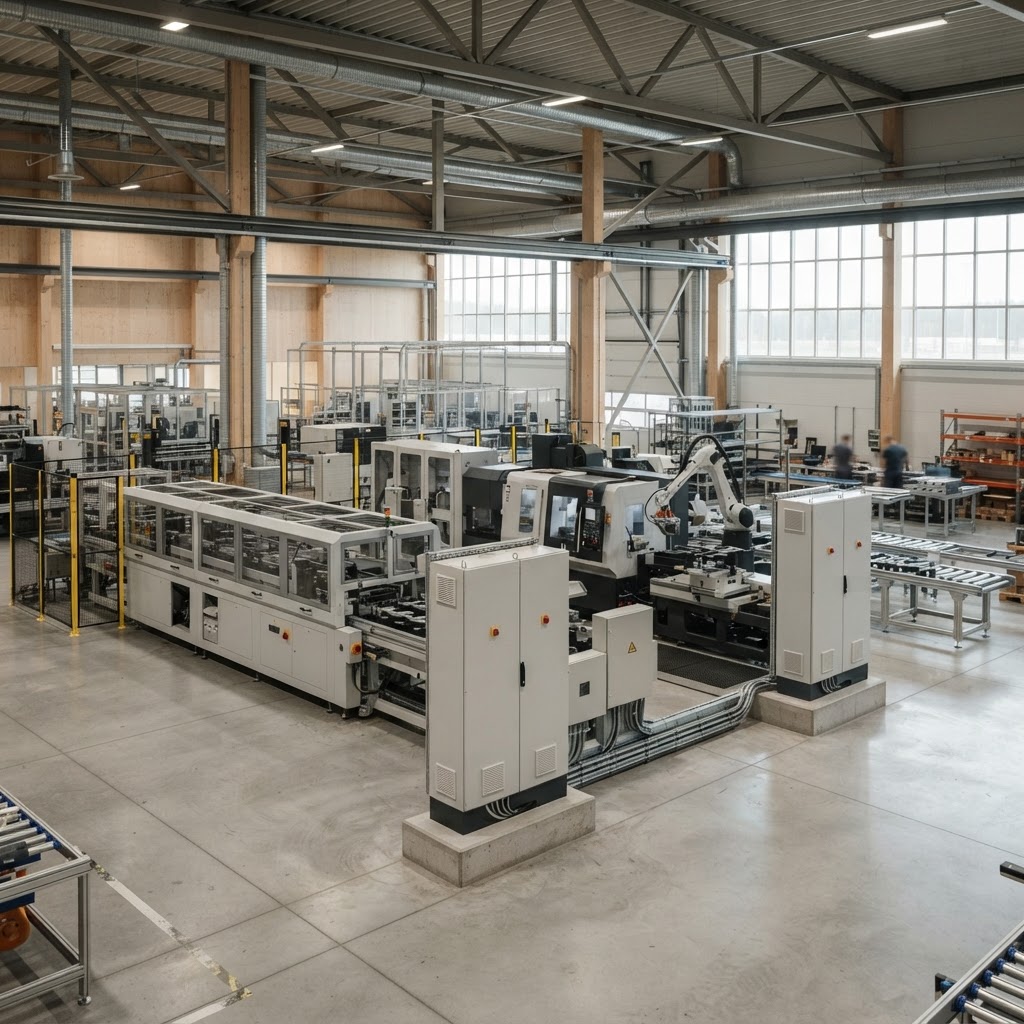 Industrielt produktionsmiljø med tekniske installationer
