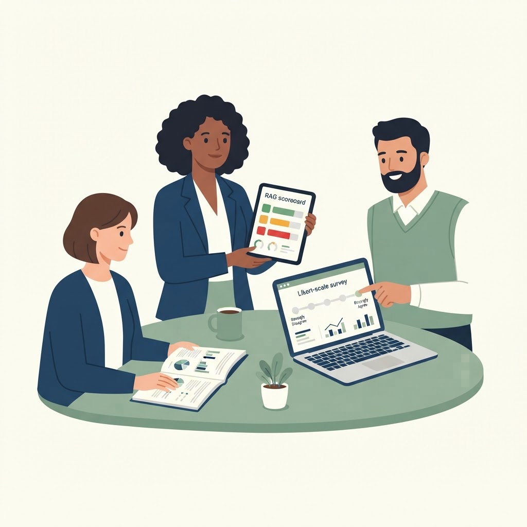 A team reviewing a change readiness report and Likert-scale survey