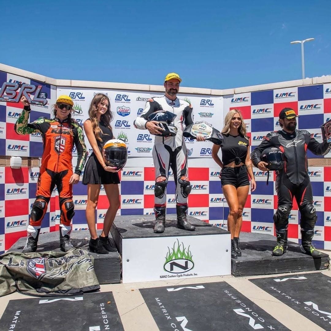BRL racers on the podium with NAMZ Custom Cycle Products sponsorship
