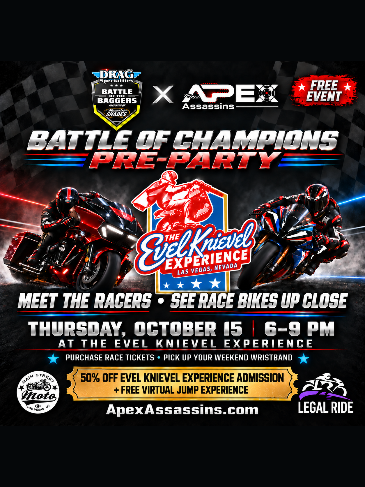 Battle of Champions Pre-Party — Evel Knievel Experience, Thursday October 15, 6–9 PM