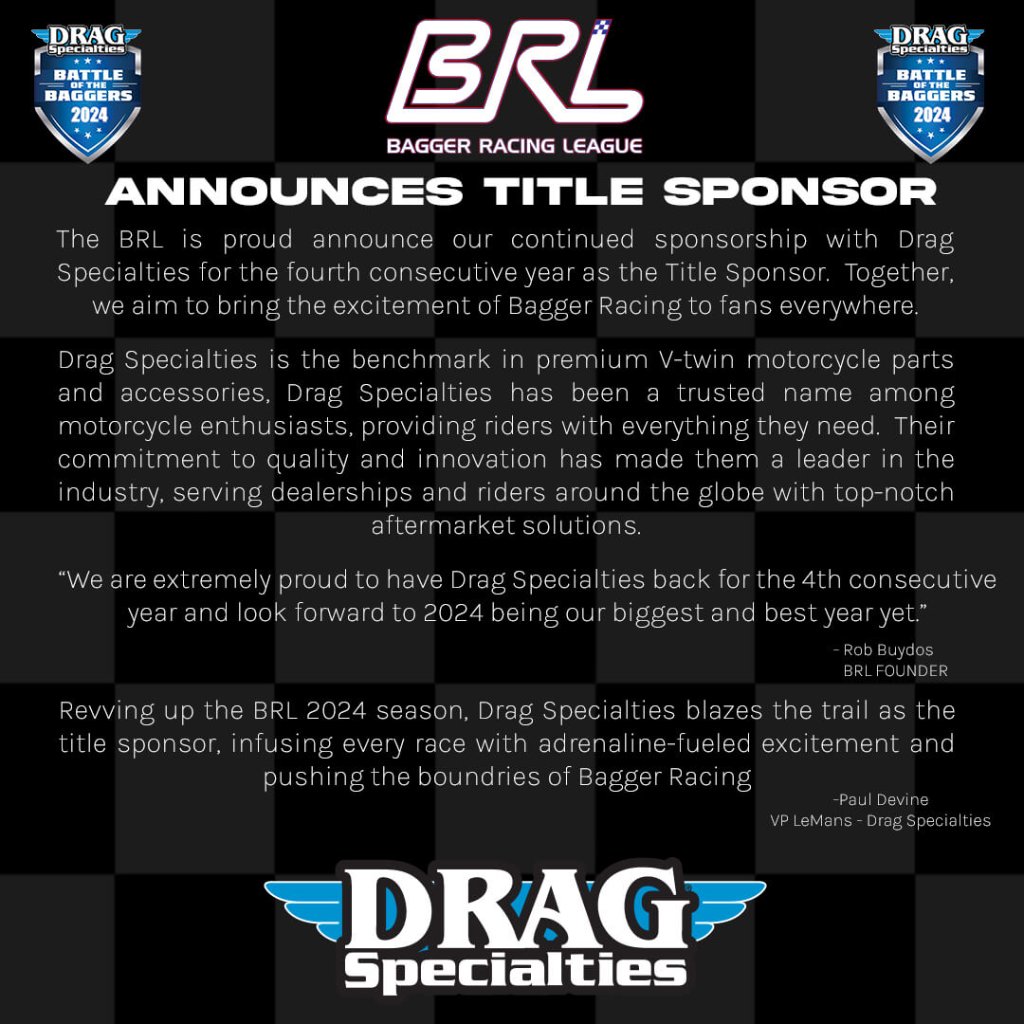 Drag Specialties Returns as 2024 BRL Title Sponsor for Fourth Consecutive Year