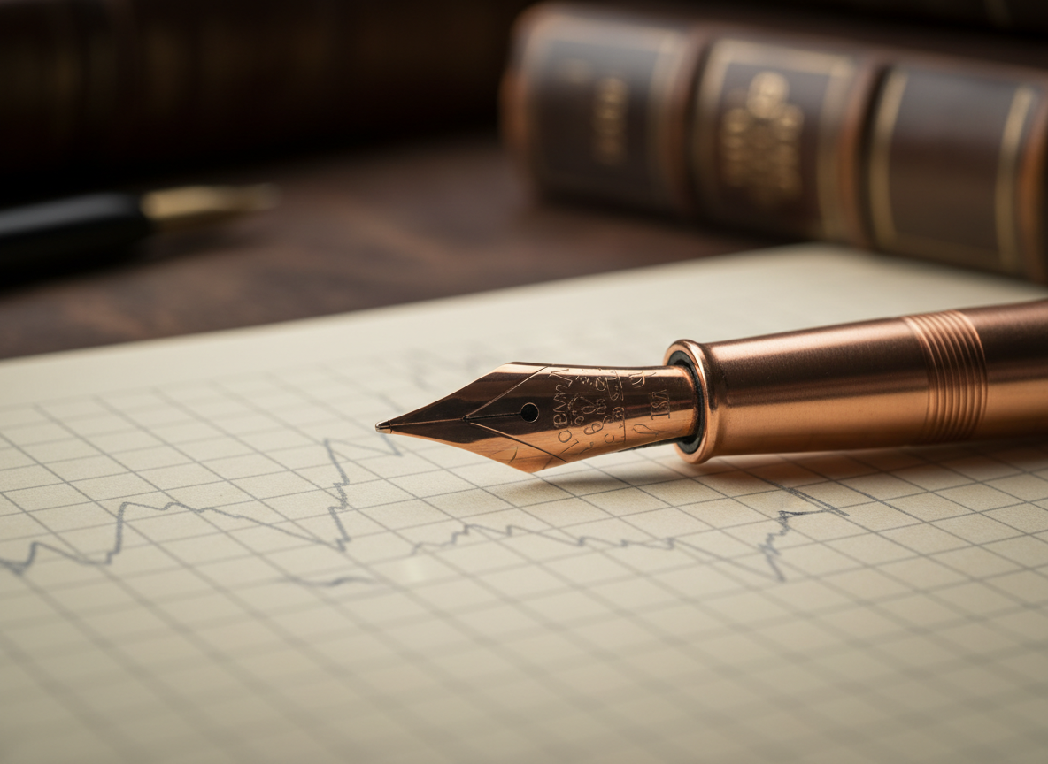 Macro close-up of a copper fountain pen on financial graph paper