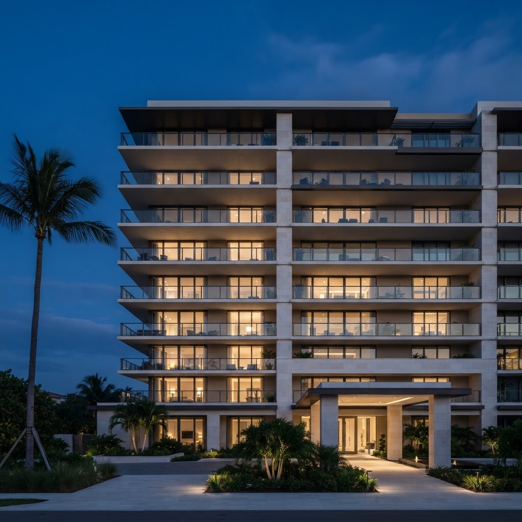 Contemporary Florida condominium architecture at dusk