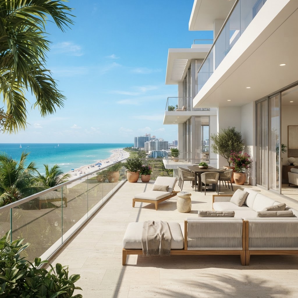 Luxury Florida waterfront condominium terrace overlooking turquoise water