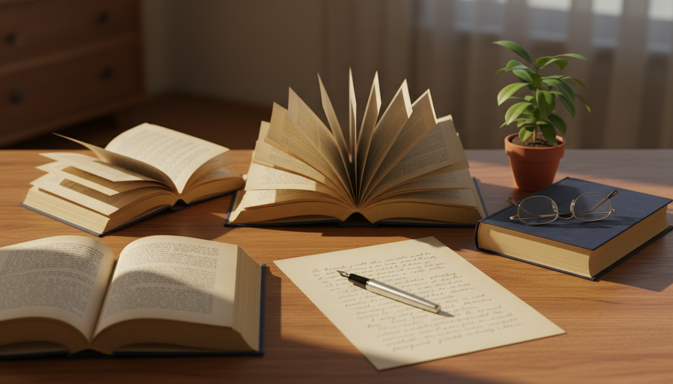 Organized study desk with books and writing tools