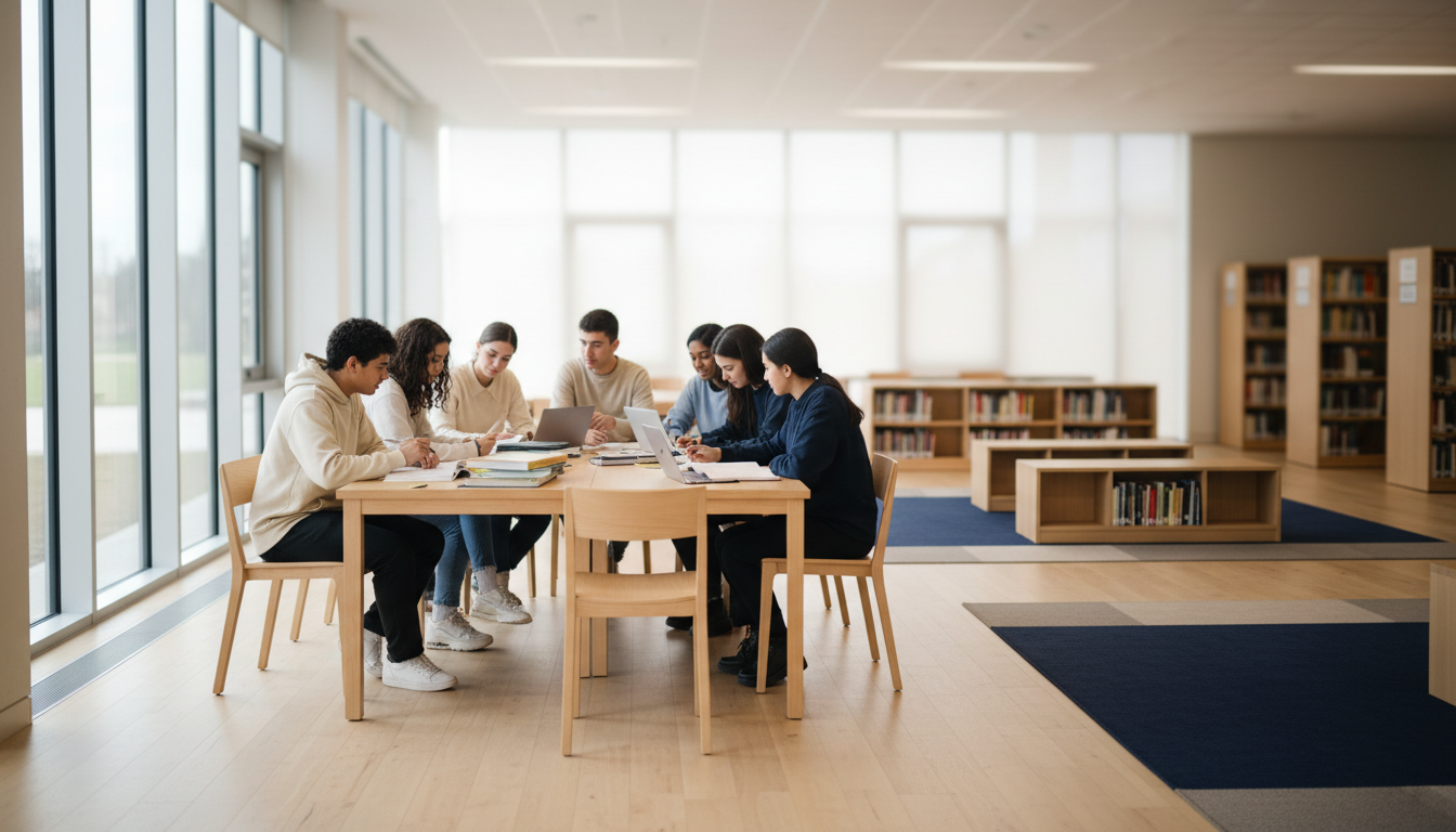 Students collaborating in a sunlit study space