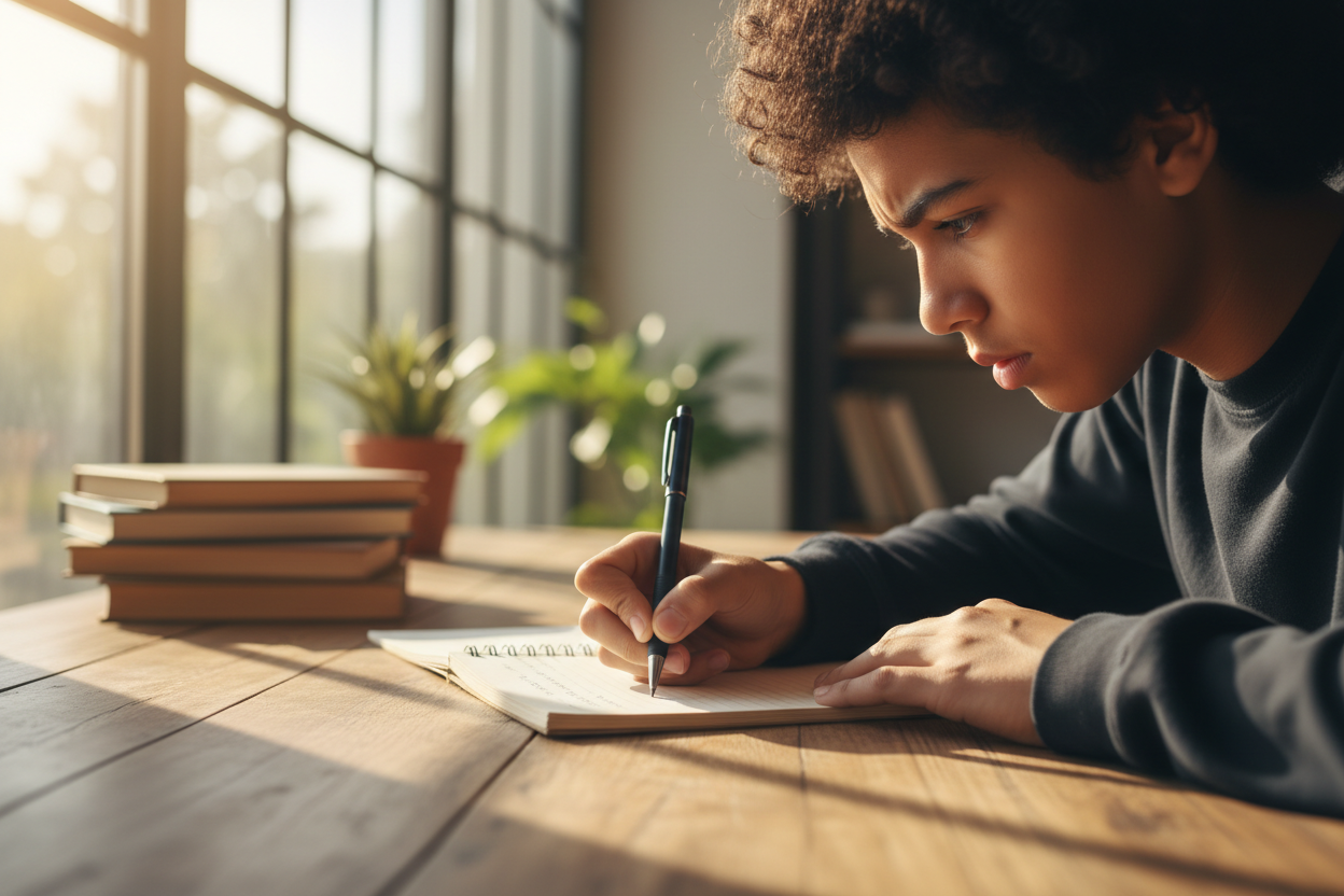Student deeply engaged in writing, bathed in soft natural light