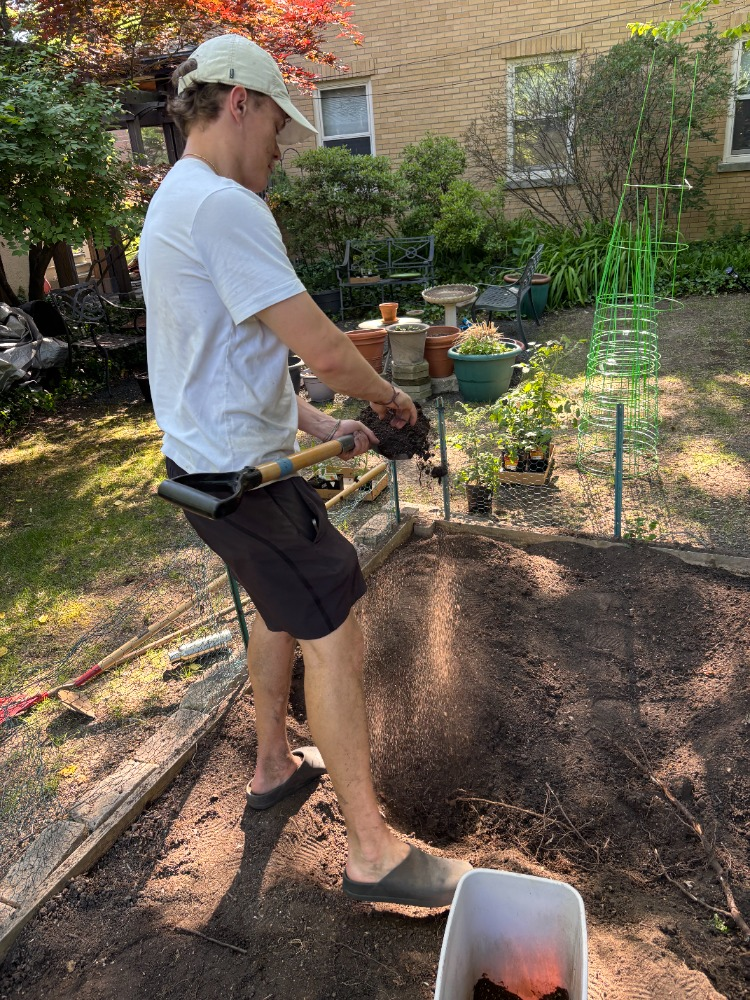 Teo preparing a raised garden bed with fresh soil