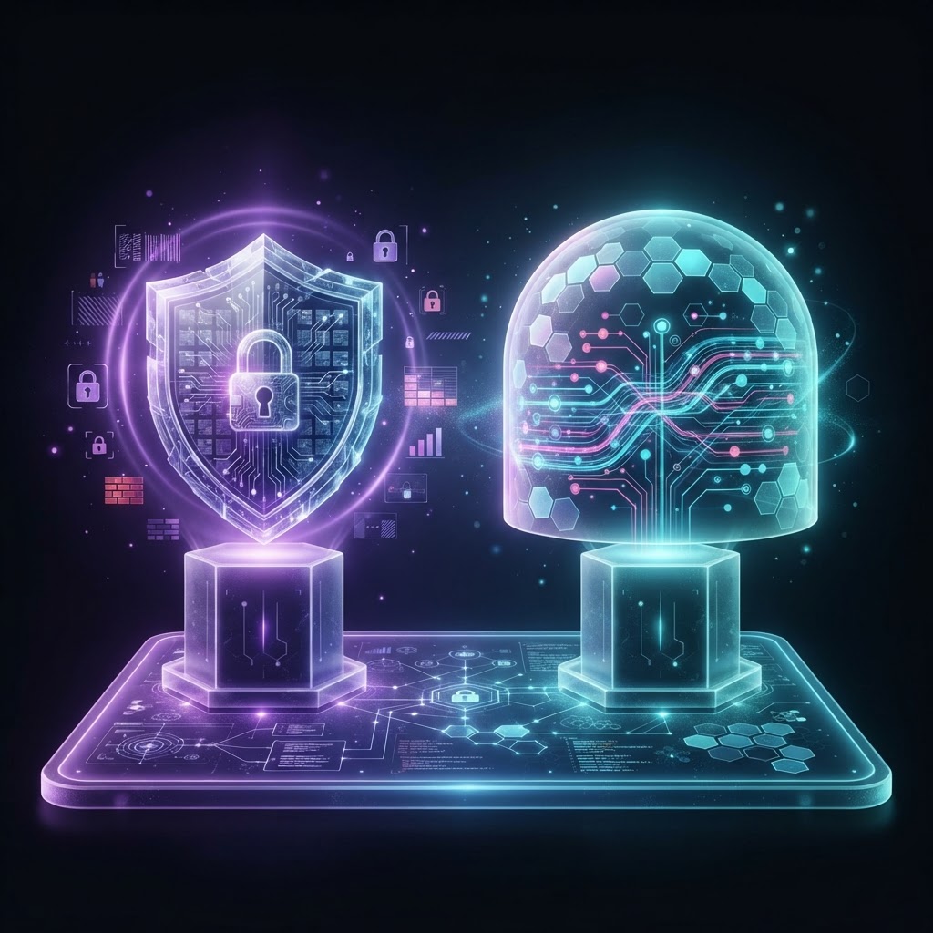 Data Security versus Data Protection illustrated as two connected pillars — a locked shield for security and a protective dome over data streams for protection — unified on a DSPM platform layer with a dark obsidian background.