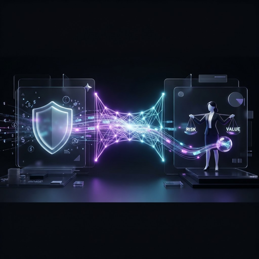AI Governance bridging the gap between cyber insurance providers and buyers, illustrated as a glowing neural network bridge connecting a shield and a balance scale on a dark obsidian background.