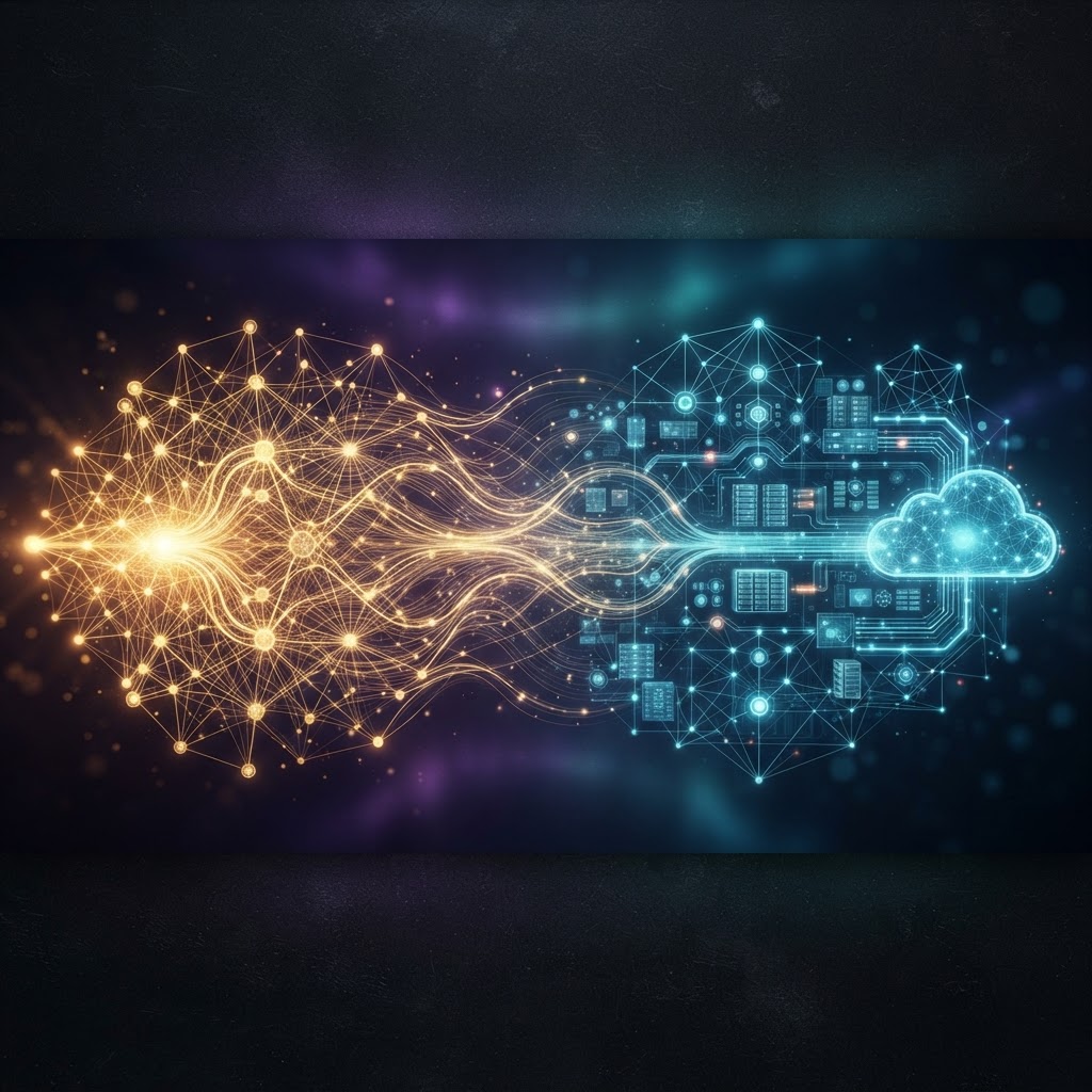 Abstract representation of AI capital expenditure transitioning into secure enterprise cloud architecture.