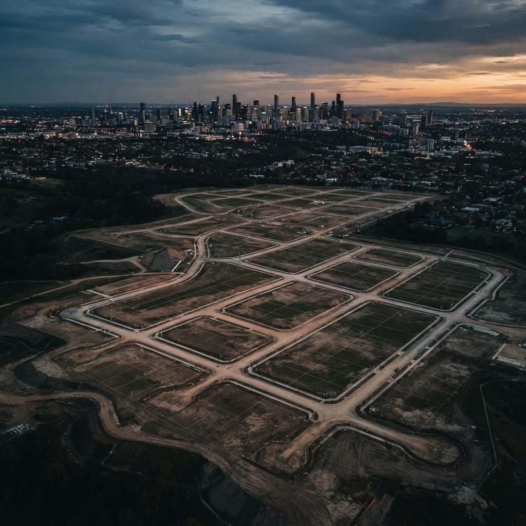 Aerial view of development land at the edge of a city