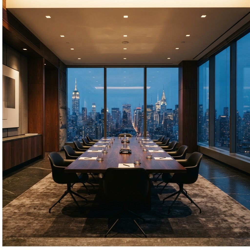 Institutional meeting room overlooking a financial district