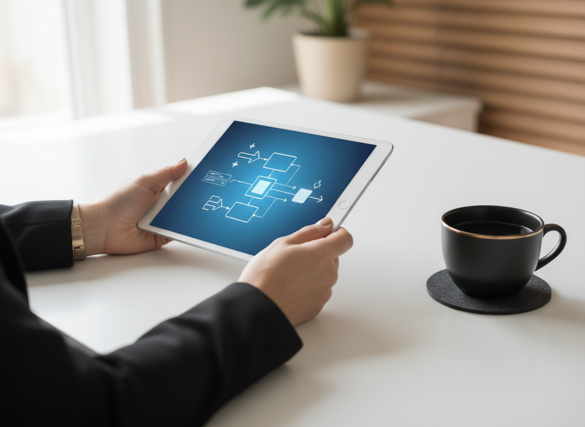 Business owner interacting with a tablet showing workflow diagrams in a bright workspace