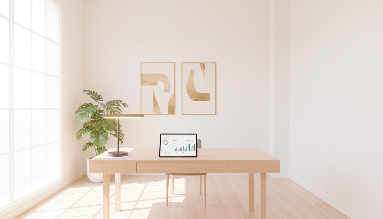 Modern bright business workspace with clean analytics dashboard on a tablet, natural sunlight, organized desk