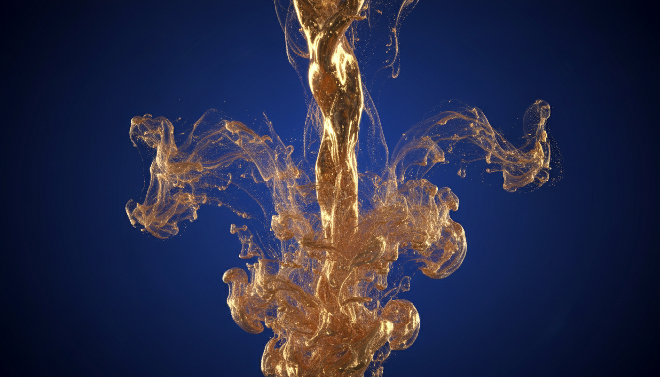 Gold ink flowing into deep blue water representing transformation