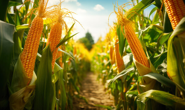Fresh corn cobs on the stalk in a sunny corn field