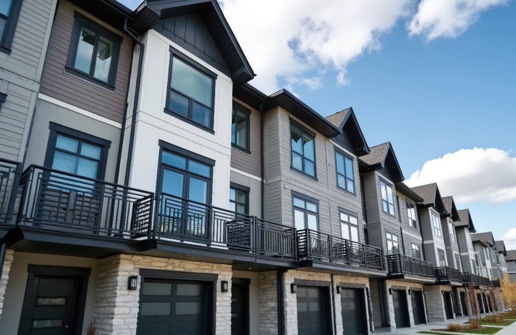 Community housing development at sunset