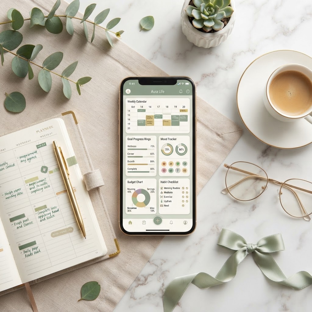 Aether app dashboard showcasing goals, calendar, mood, budget and habits
