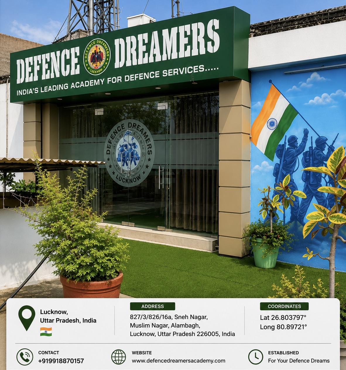 Defence Dreamers Academy Lucknow campus exterior — best NDA, CDS and AFCAT coaching for Raebareli aspirants