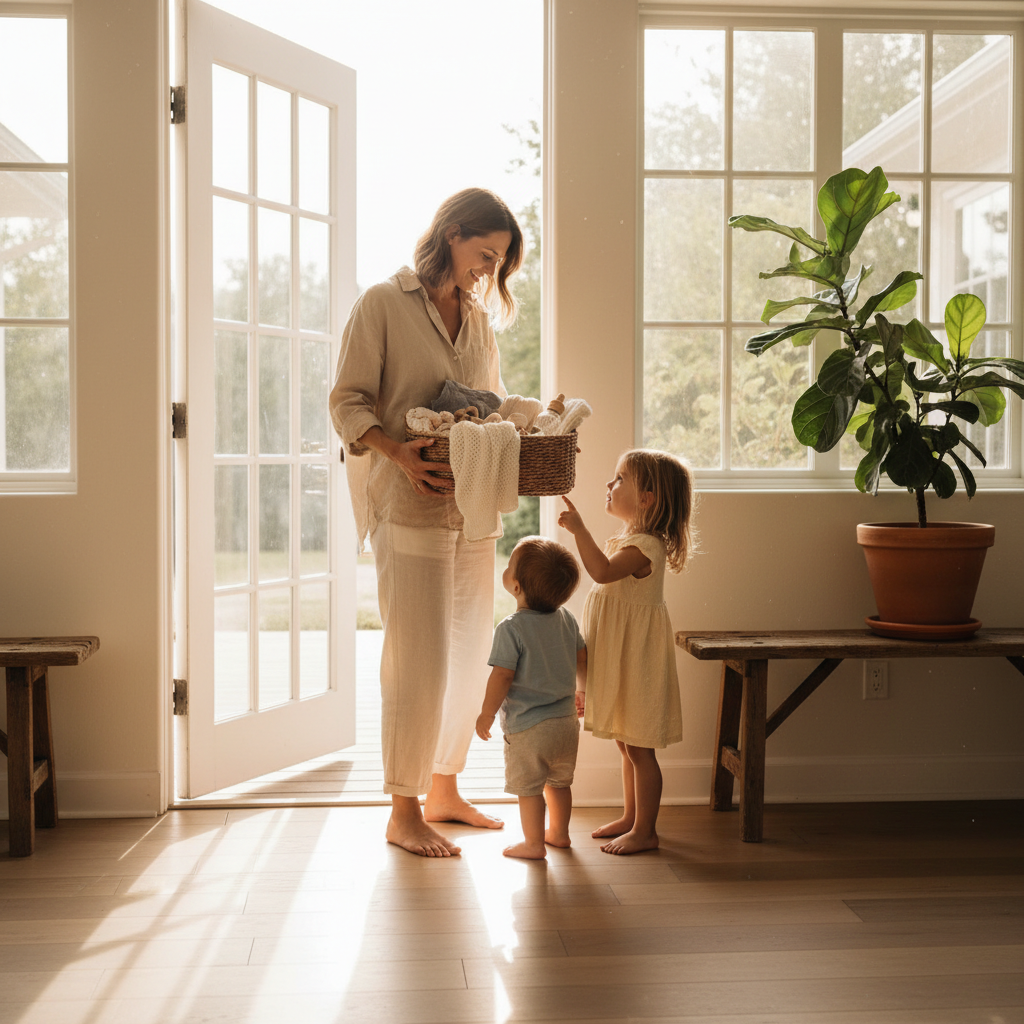 A family getting ready to leave the house