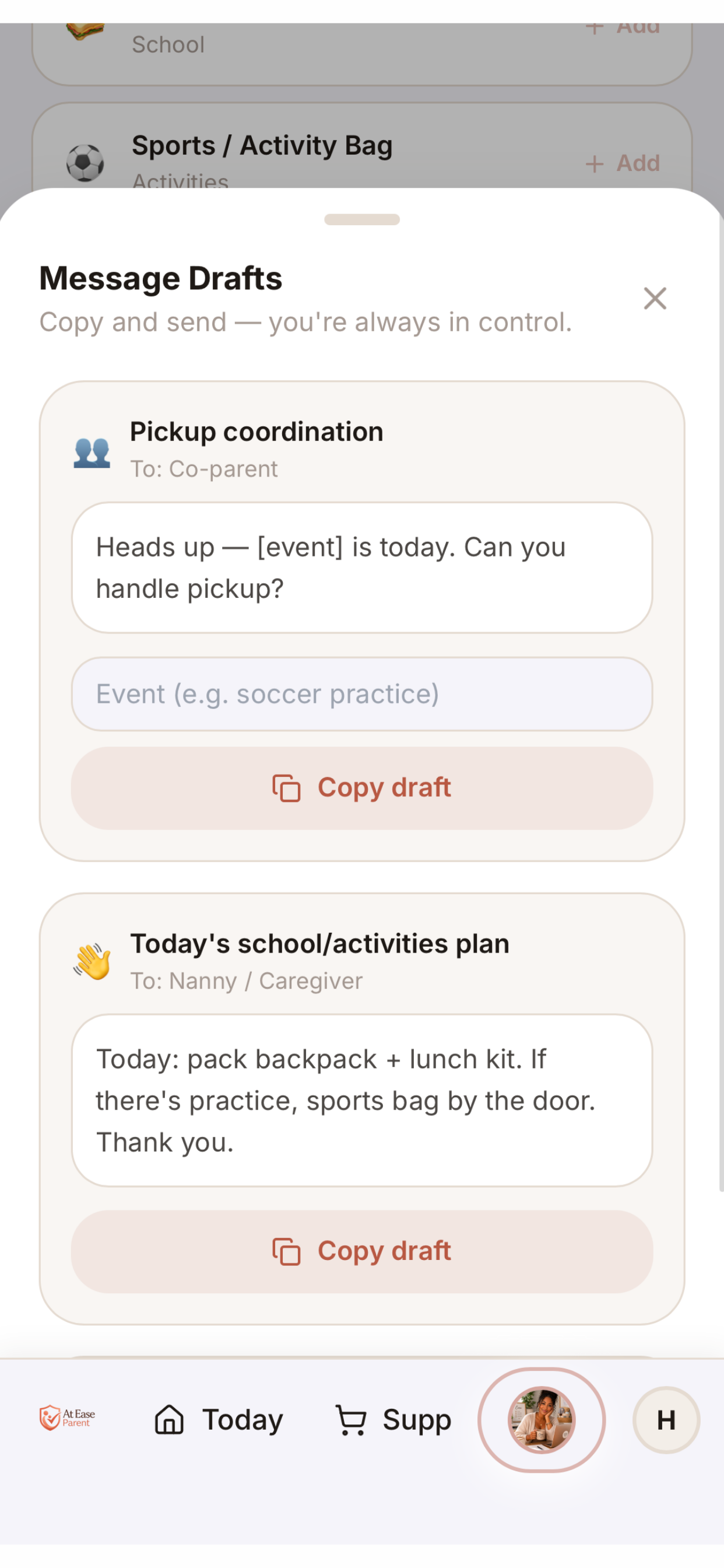 At Ease Parent — Message Drafts