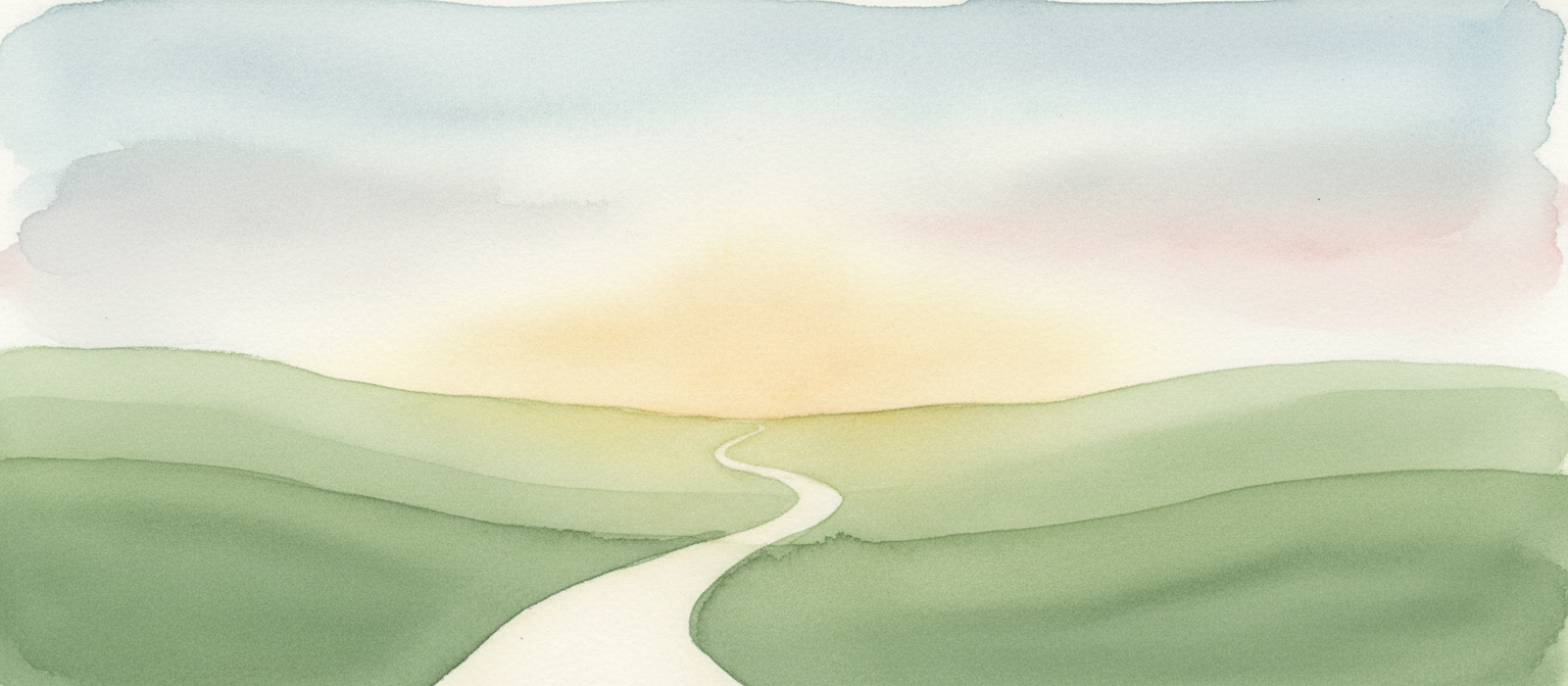 Serene landscape with a path toward golden horizon