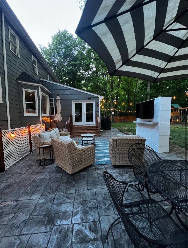 Stamped concrete patio with outdoor living area