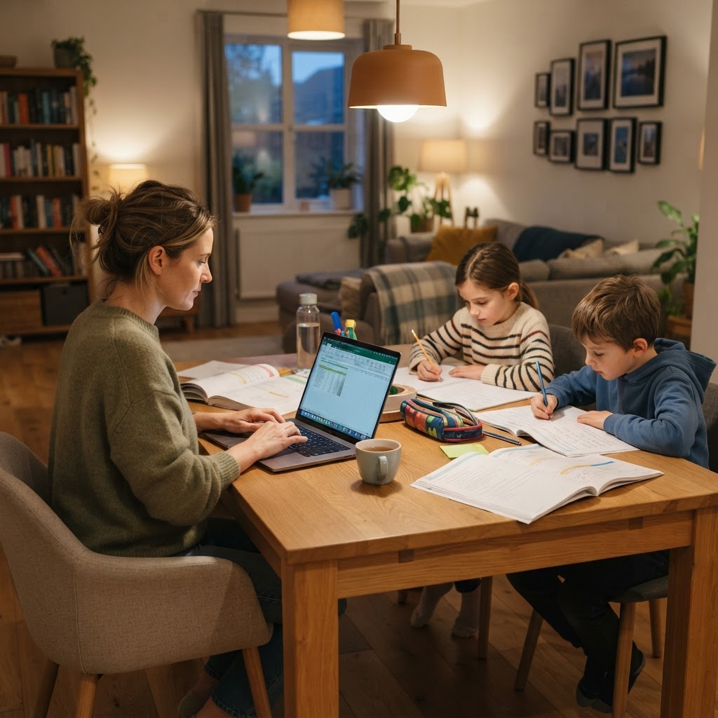 A parent studying at the dining table while children do homework nearby