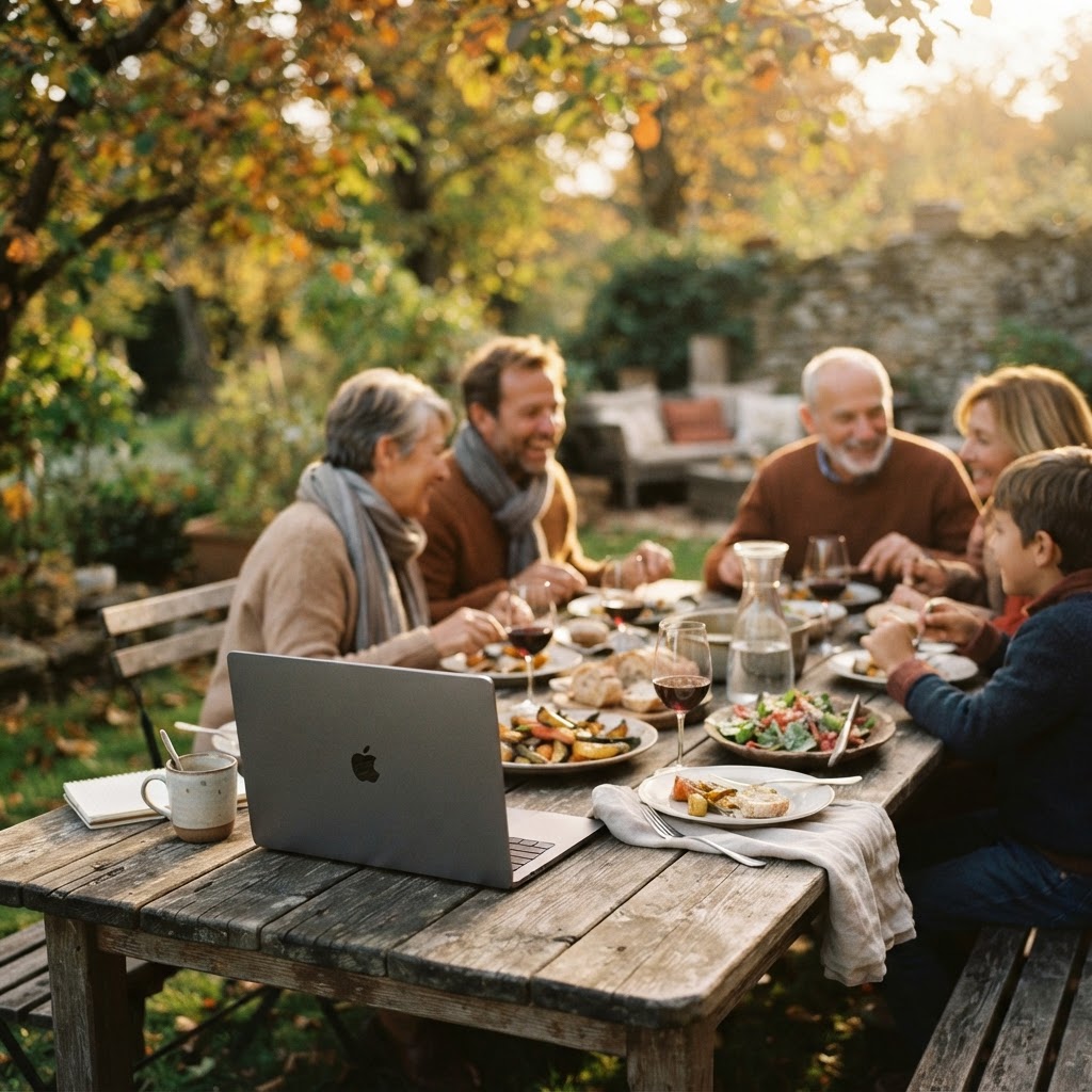 A closed laptop beside a relaxed family meal during the off-season