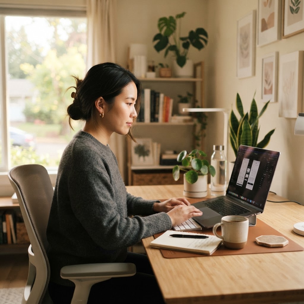 Student working at a home desk in morning light