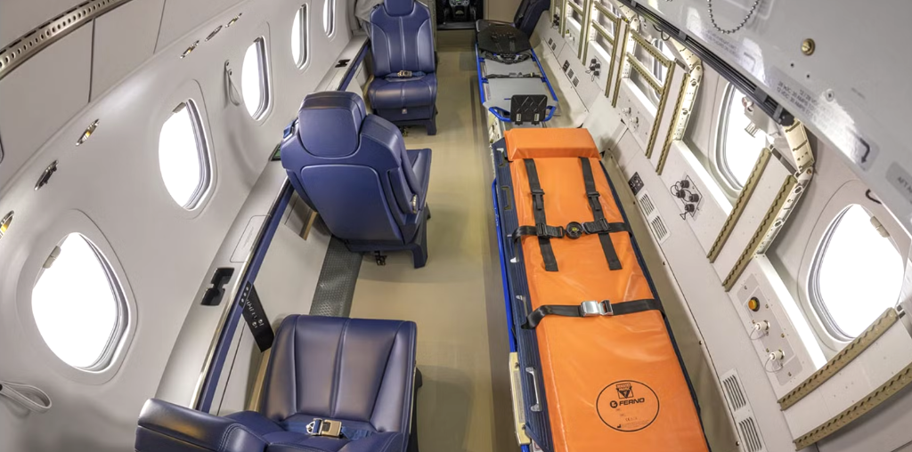 Medical charter aircraft interior with patient transport configuration