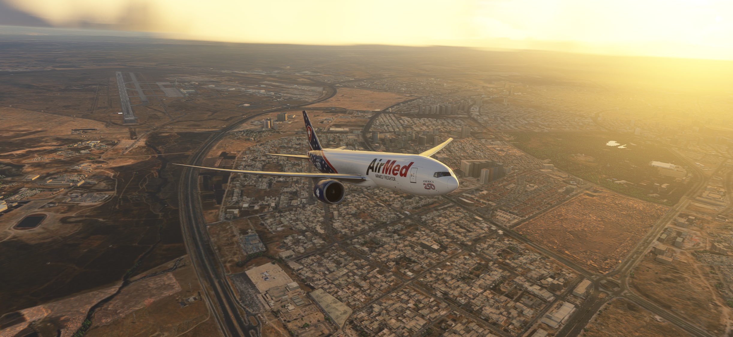 White AirMed freighter aircraft in flight over suburbs at sunset