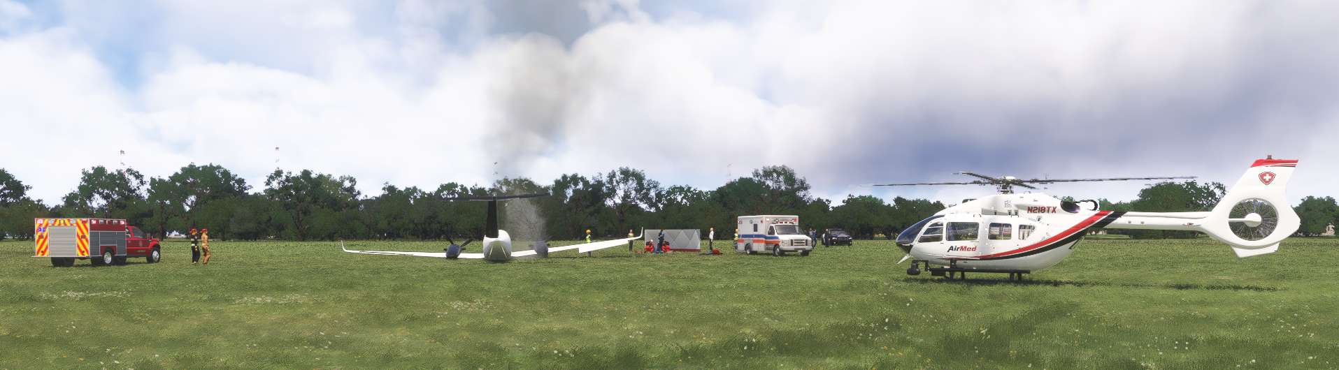 AirMed helicopter (N218TX) at a crash scene emergency response