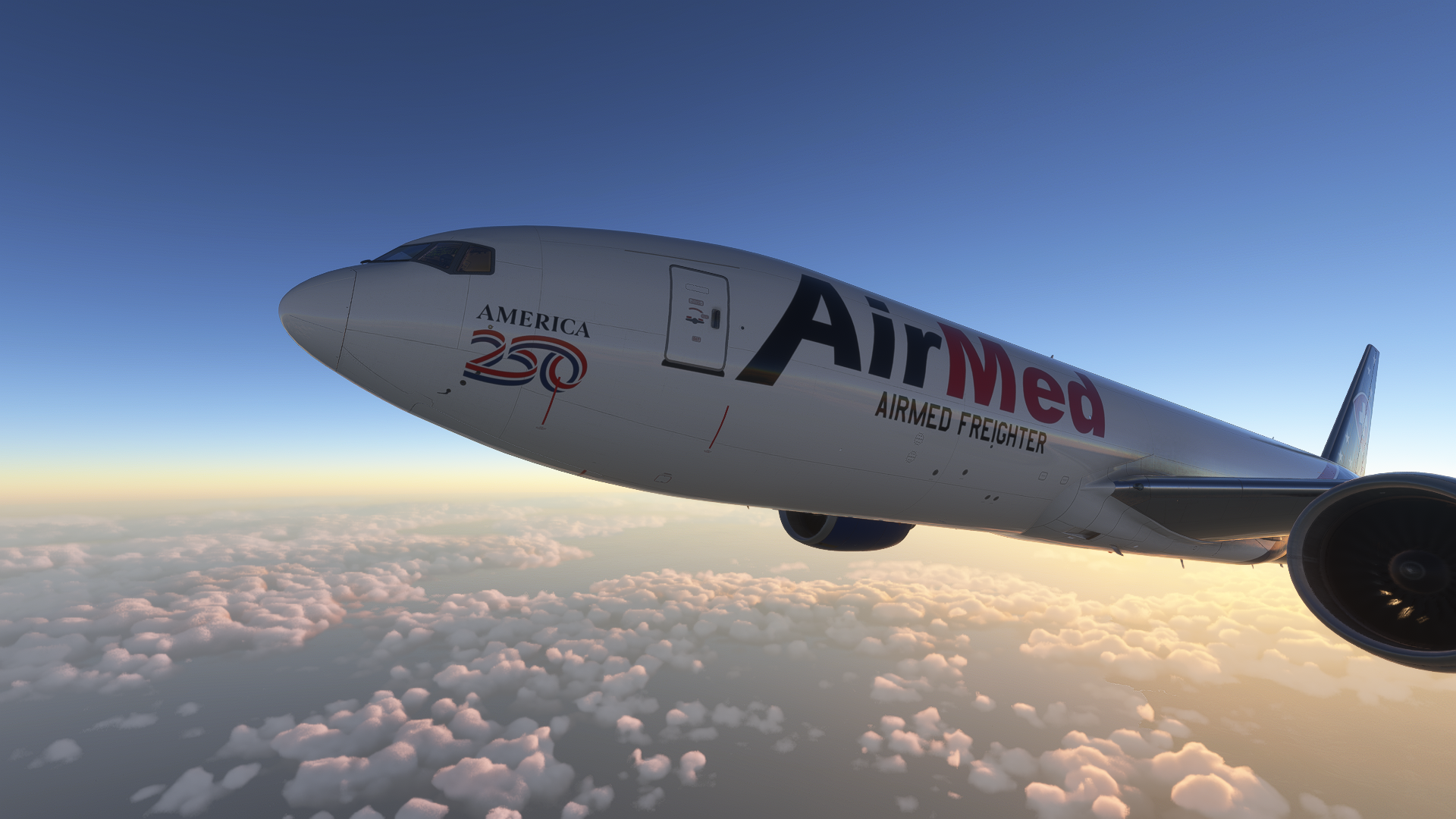 AirMed Freighter jet in flight above clouds at sunset