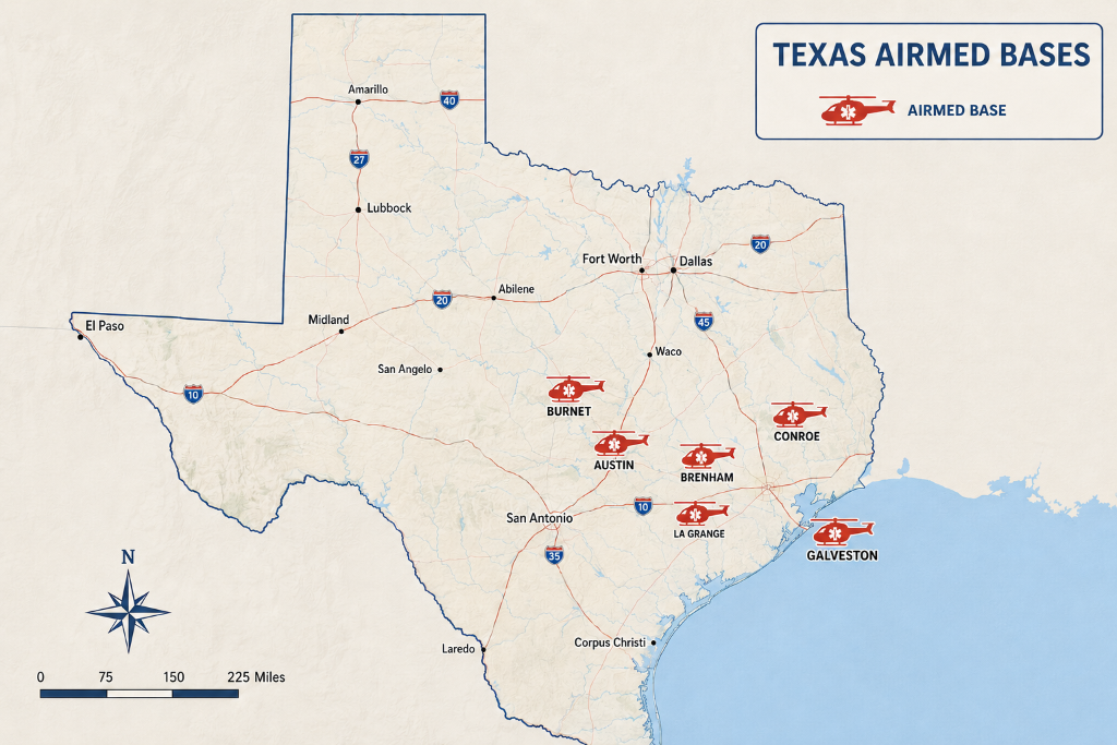 Map of Texas AirMed Helicopter EMS Bases — Austin, Burnet, La Grange, Conroe, Brenham, Galveston