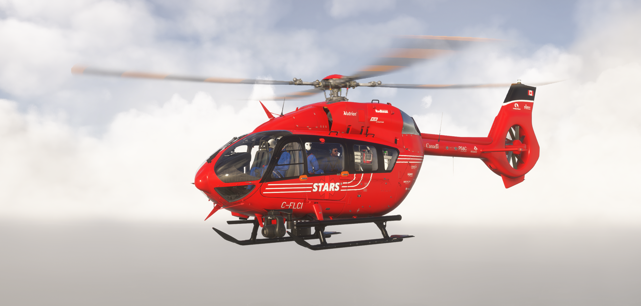 Red STARS medical helicopter (C-FLCI) in flight against a cloudy sky