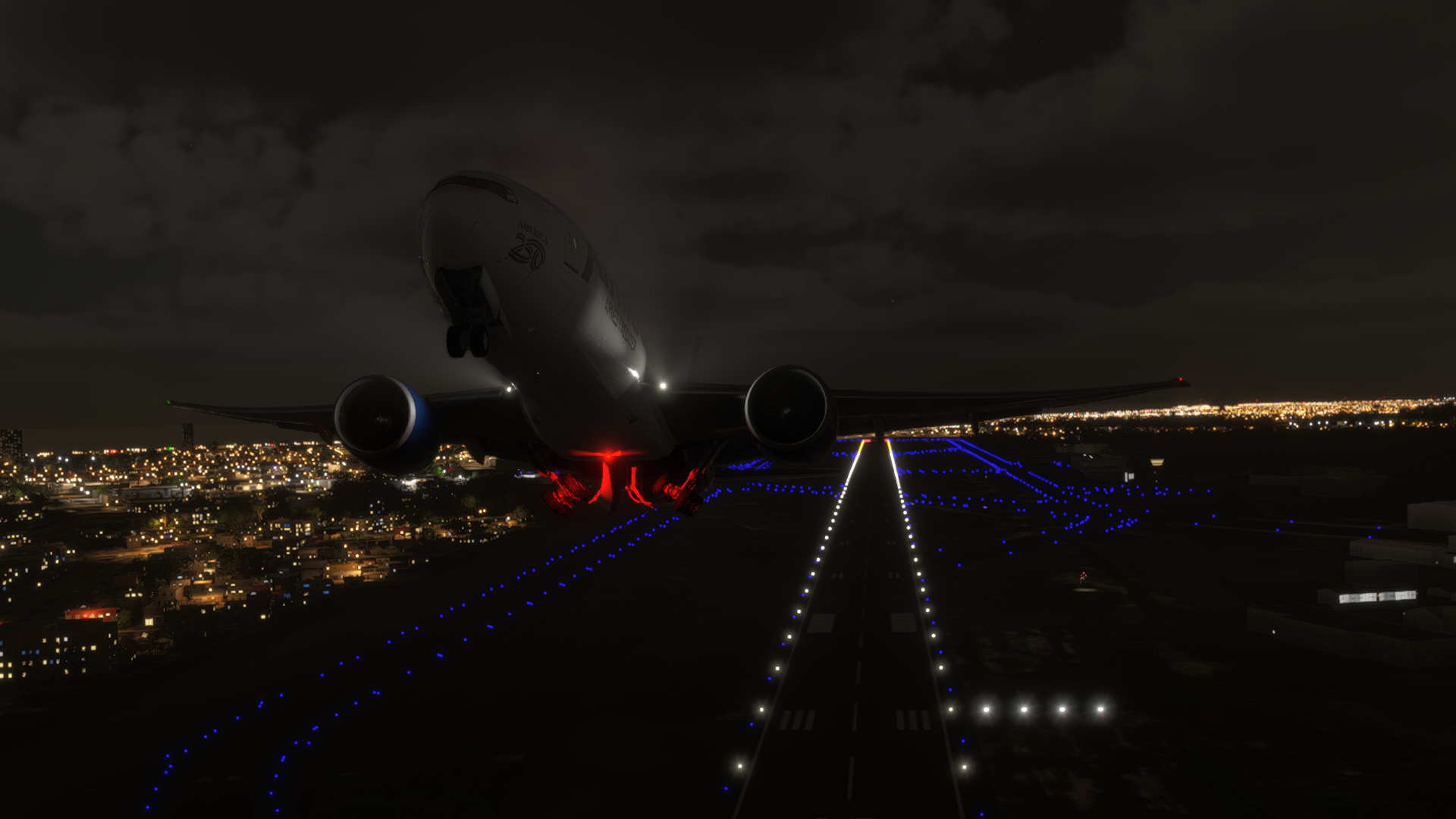 AirMed cargo jet taking off at night with runway lights