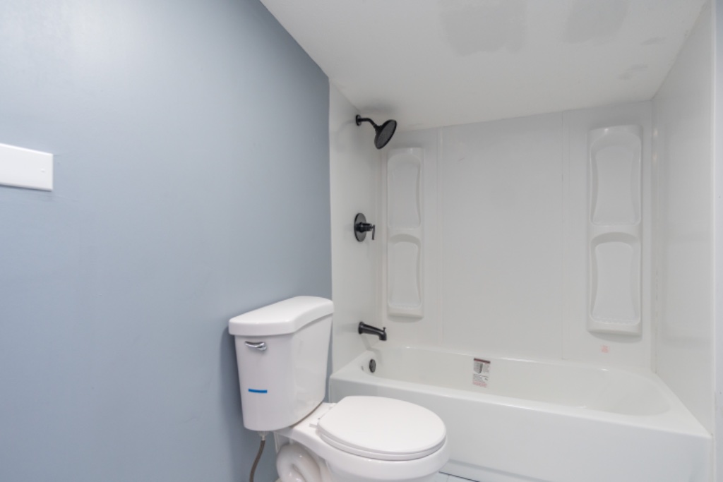 Tub and Shower Combo with Black Fixtures and Integrated Shelving