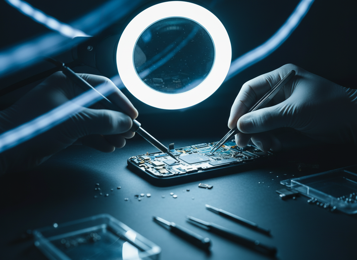 Expert technician repairing smartphone circuit board Stockton CA